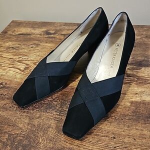 Peter Kaiser Malana Black Suede Cross Strap Square Toe 2" Pumps Size 7